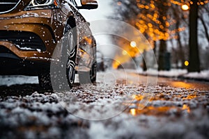 a car wheel close-up on the background of a winter snow-covered road with ice in city street, the concept of traffic safety