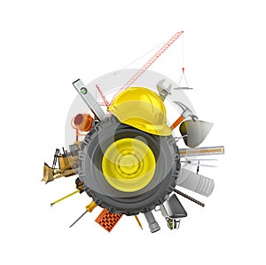 Car wheel with construction tools and materials