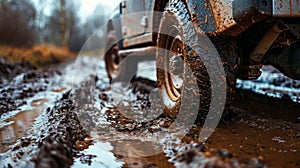 Car wheel on dirt road. Off-road tire covered with mud, dirt terrain. Outdoor, adventures and travel suv. Car tire close