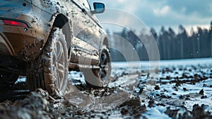 Car wheel on dirt road. Off-road tire covered with mud, dirt terrain. Outdoor, adventures and travel suv. Car tire close photo