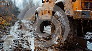 Car wheel on dirt road. Off-road tire covered with mud, dirt terrain. Outdoor, adventures and travel suv. Car tire close photo