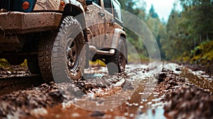 Car wheel on dirt road. Off-road tire covered with mud, dirt terrain. Outdoor, adventures and travel suv. Car tire close photo