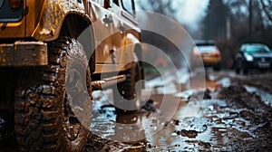 Car wheel on dirt road. Off-road tire covered with mud, dirt terrain. Outdoor, adventures and travel suv. Car tire close photo