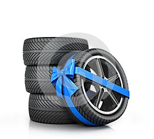 Car Wheel enveloped in a blue ribbon and bow