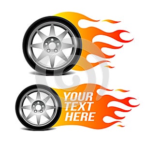 Car wheel with fire flame, car related sign. photo