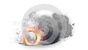 Car wheel on fire, white background