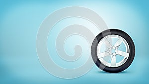 A car wheel with five spokes standing on the tire rim on blue background.