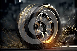 Car wheel with gold sparkles on a dark background. 3d rendering