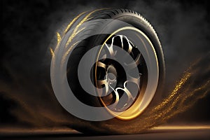 Car wheel with golden dust and smoke on dark background. 3d illustration