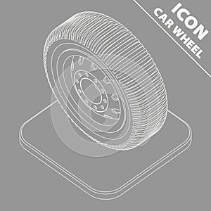 Car wheel greyscale isometry 3D icon. Vector illustration