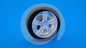 Car wheel isolated on blue background. Alloy wheels tire auto. Minimalist creative concept. 3d illustration