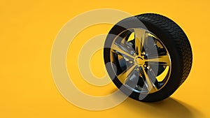 Car wheel isolated on yellow background. Tyre. Poster booklet cover design. 3d illustration