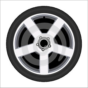 Car wheel with low profile tire, rim, vector illustration