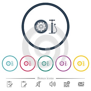Car wheel and pump flat color icons in round outlines photo