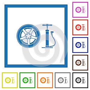 Car wheel and pump flat framed icons photo