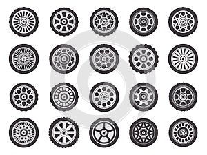 Car wheel rims. Automobile vehicle rubber wheel tires, auto tire tread tracks, auto race rubber wheels tires vector