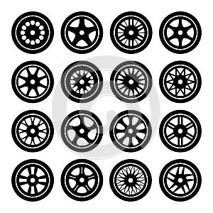 Car wheel rims icons set. Automobile and other vehicle spare parts disc rims with tires silhouette. Repair shop or