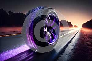 Car wheel on the road at night with purple lights. 3d rendering