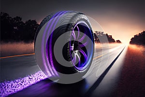 Car wheel on the road with purple neon lights. 3d rendering