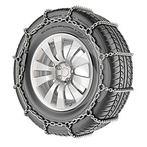 Car wheel with snow chain, 3D rendering