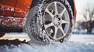 Car wheel in the snow. Driving in winter concept, ai generated