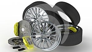 Car wheel spare parts 3D rendering