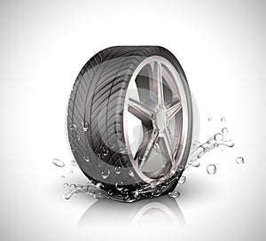 Car wheel with splashing water in motion blur on white background .Vector illustration