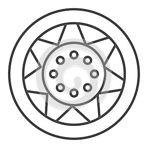 Car wheel thin line icon. Automobile tire vector illustration isolated on white. Car part outline style design, designed