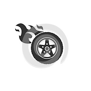 Car wheel and tire with flames icon vector sign