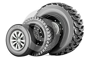Car wheel, trucks wheels. Auto wheels of various sizes, 3D rendering