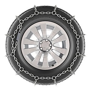 Car wheel with winter tire and snow chain, 3D rendering