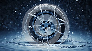 Car wheel with winter tire and snow chain in the snow. ai generative