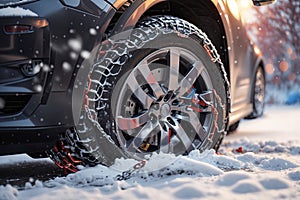 Car wheel with winter tire and snow chain in the snow. ai generative