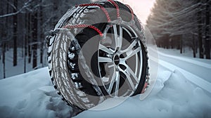 Car wheel with winter tire and snow chain in snow forest. genera