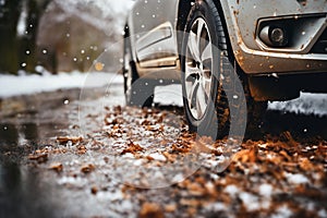 a car wheels on the background of a winter road and a beautiful landscape, a snow-covered forest, a concept of traffic