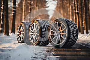 a car wheels on the background of a winter road and a beautiful landscape, a snow-covered forest, a concept of traffic