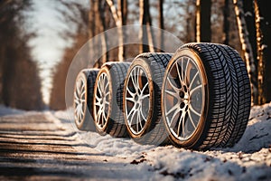 a car wheels on the background of a winter road and a beautiful landscape, a snow-covered forest, a concept of traffic