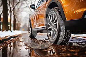 a car wheels on the background of a winter road and a beautiful landscape, a snow-covered forest, a concept of traffic