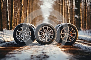 a car wheels on the background of a winter road and a beautiful landscape, a snow-covered forest, a concept of traffic