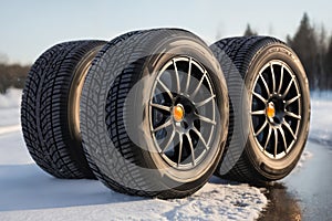 a car wheels on the background of a winter snow-covered forest, beautiful landscape, a concept of traffic safety on a