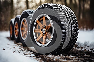 a car wheels on the background of a winter snow-covered forest, beautiful landscape, a concept of traffic safety on a