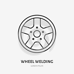 Car wheels flat line icon. Disks welding sign. Thin linear logo for welding services