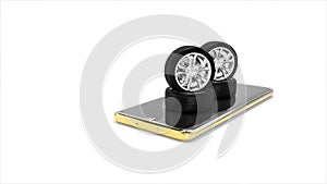 Car wheels placed on the phone screen.