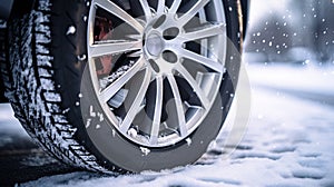 Car wheels in the snow on a winter slippery road