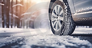 Car wheels in the snow on a winter slippery road