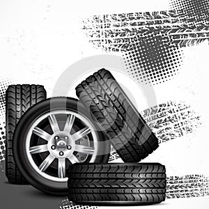 Car wheels and tire tracks photo