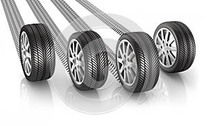 Car wheels and tires in a row