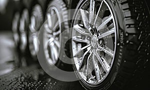 Car wheels and tires in row with drops of water