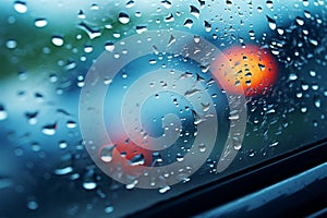 Car window adorned with raindrops, a visual symphony on rainy days