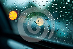 Car window adorned with raindrops, a visual symphony on rainy days